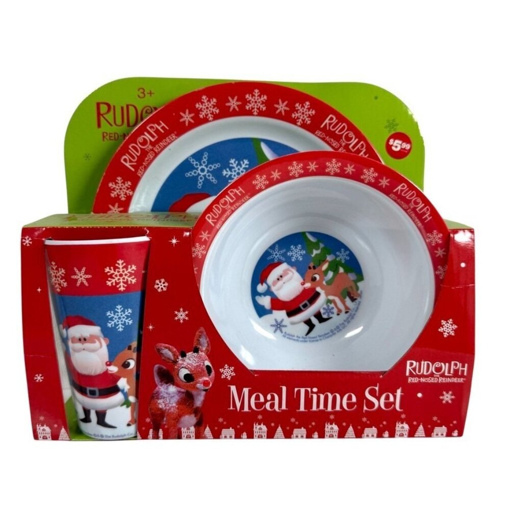 Rudolph The Red-Nosed Reindeer Meal Time Christmas Plate Bowl Cup Set NEW